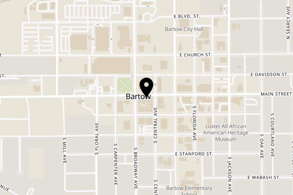 Map showing the location of Havana Delights Cafe & Catering on 155 East Main Street in Bartow